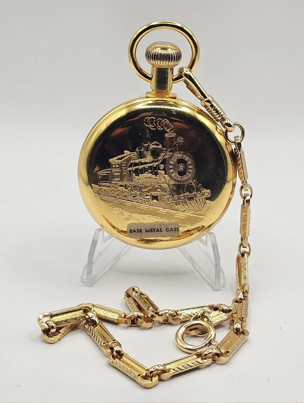 Vintage Bradley Mickey Mouse Gold Train Pocket Watch & Original Case Running